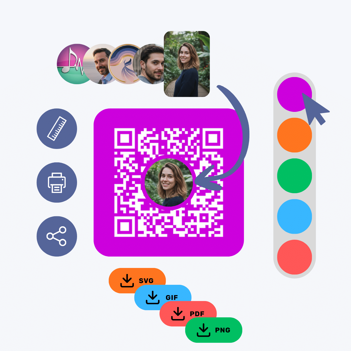 QR Code Add plus personalizzabili Grafica che illustra come personalizzare un codice QR. Crea il tuo codice QR personalizzato: aggiungi immagini, cambia colori e scarica in vari formati digitali.