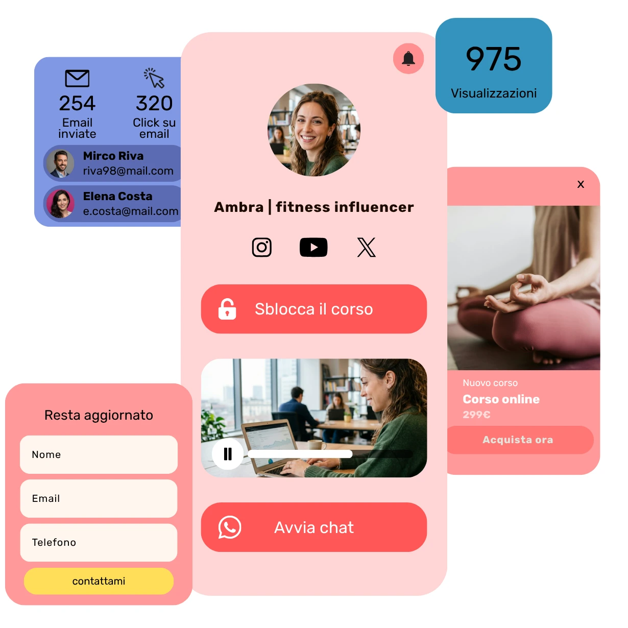 add-plus-landing-page-professionali Anteprima dell'interfaccia all-in-one di Add Plus applicata al profilo di 'Ambra fitness influencer': al centro una landing page per smartphone con pulsanti 'Sblocca il corso' e 'Avvia chat', circondata da moduli pop-up per la raccolta contatti, statistiche di visualizzazione e metriche di email marketing con lead generati.