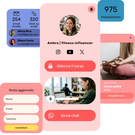 add-plus-landing-page-professionali_564x Anteprima dell'interfaccia all-in-one di Add plus applicata al profilo di 'Ambra fitness influencer': al centro una landing page per smartphone con pulsanti 'Sblocca il corso' e 'Avvia chat', circondata da moduli pop-up per la raccolta contatti, statistiche di visualizzazione e metriche di email marketing con lead generati.