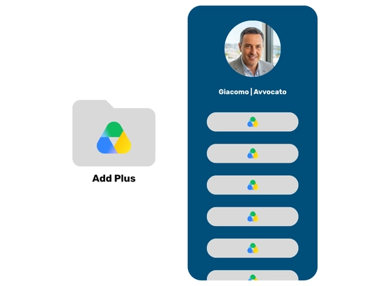 connessione-google-drive-addplus Mockup di Add Plus che mostra l'integrazione con Google Drive: a sinistra l'icona della cartella sincronizzata e a destra l'anteprima della landing page mobile con i pulsanti per accedere ai documenti.